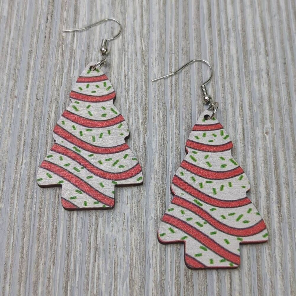 Womens Wooden Christmas Tree Cake Earrings Red White Green 2" Tall
